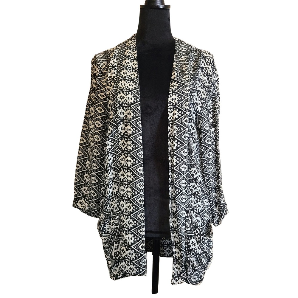 Hollister Open Front Cardigan Womens M Black White Tribal Geometric Aztec Pocket